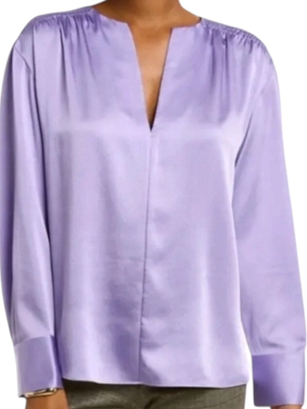 Vince Smocked Long Sleeve Blouse Size M Lily Stone Split Neck Lightweight